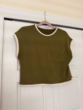 eesome Olive Green Knit Tank Top with Cream Trim